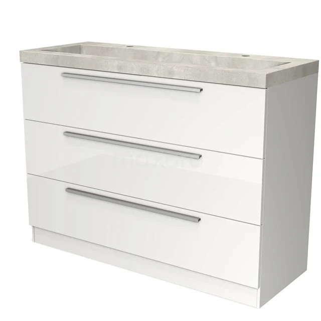 Witte badkamermeubel met drie lades, rechthoekig ontwerp, houten bovenblad in betonlook, ideaal voor moderne badkamers.