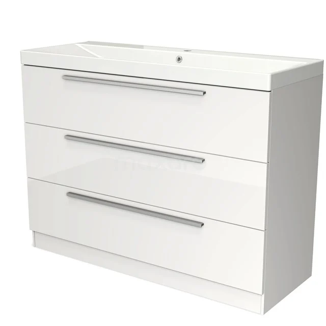 Wit badkamermeubel met drie lades en geïntegreerde wastafel, moderne strakke vormgeving, ideaal voor extra opbergruimte.