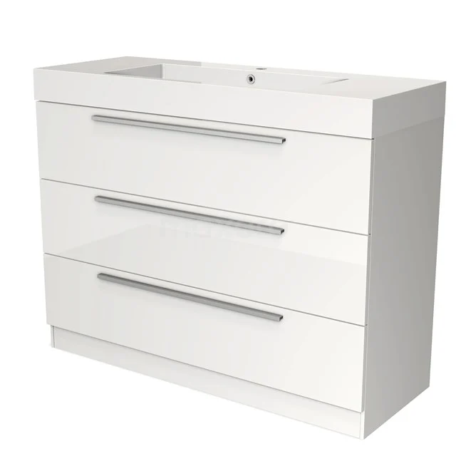 Moderne weiße Badmöbel mit glänzender Oberfläche, drei Schubladen und eingebautem Waschbecken, ideal für stilvolle Badezimmerlagerung.