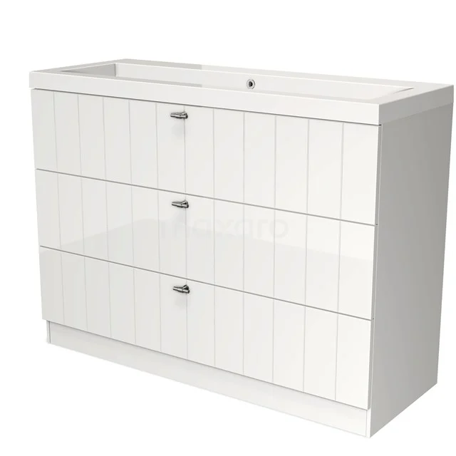 Modulo Bathroom furniture with sink | 120 cm High-gloss white Slat front Mineral marble 3 standing drawers BMW19S-00453 White wooden bathroom unit with three drawers, vertical grooves and chrome handles, ideal for stylish bathroom storage.