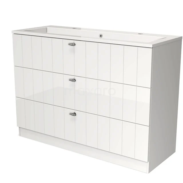 Weißes Holz Badezimmermöbel mit 3 Schubladen und vertikalen Rillen, ideal für stilvolle Badezimmerlagerung.