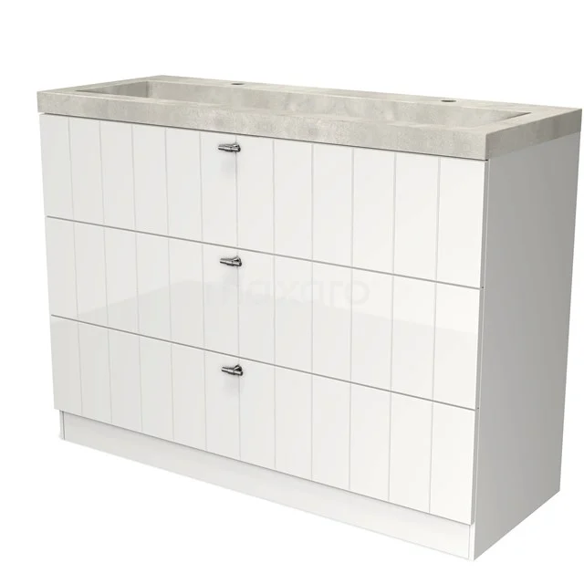 Modulo Vanity units with basin | 120 cm High-gloss white Slat front Concrete 3 standing drawers BMW19S-00463 White bathroom unit with three drawers, wood grain pattern and a light grey ceramic worktop, perfect for modern bathroom style.