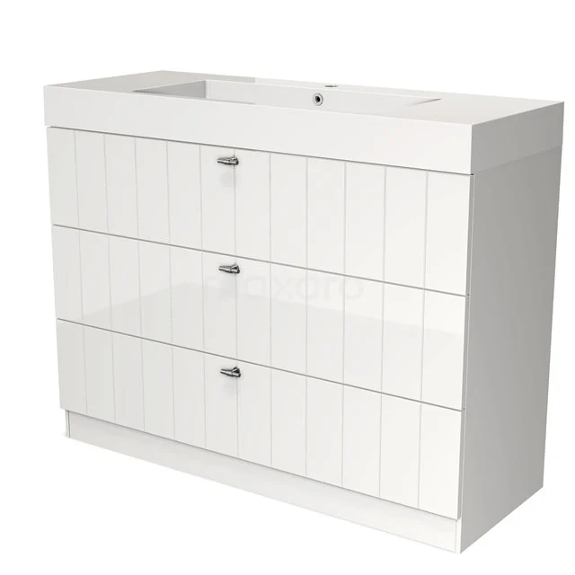 Modulo Bathroom furniture with sink | 120 cm High-gloss white Slat front Mineral marble 3 standing drawers BMW19S-00465 White bathroom furniture set with three handleless drawers, modern design and integrated Basin, ideal for stylish bathrooms.