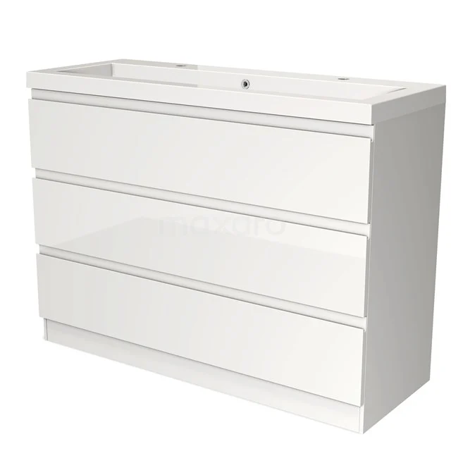 Wit badkamermeubel met drie lades, strak ontwerp en hoogglans afwerking, perfect voor moderne badkamers.