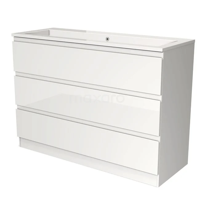 White bathroom cabinet with three drawers, sleek design, ideal for bathroom storage.