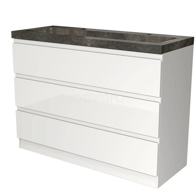 Wit badkamermeubel met drie lades en een antraciet wastafelblad, strak design van hoogwaardig materiaal.