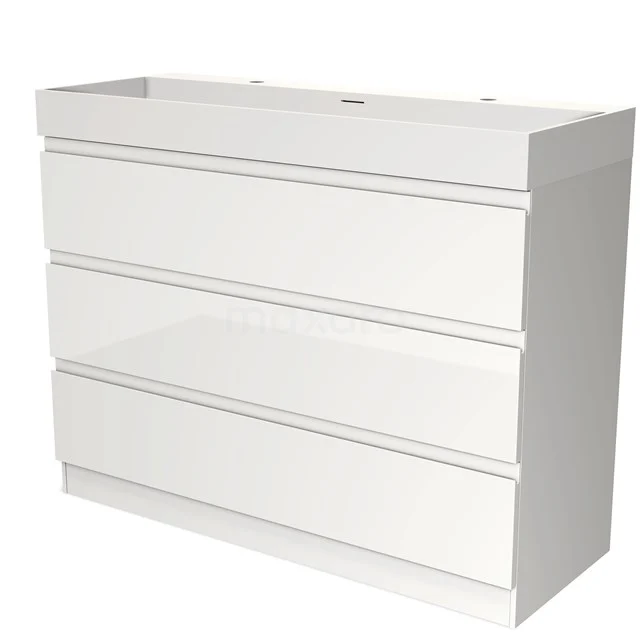 Badmöbel 120cm Modulo Hochglanz Weiß 3 Schubladen Griffloses Solid Surface Waschbecken BMW19S-00474 Weißes Badezimmermöbel mit vier Schubladen, schlichtes Design, aus hochglänzendem MDF gefertigt, ideal für moderne Bäder.