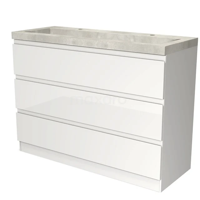 Wit badkamermeubel met drie lades en een grijs stenen wastafelblad, modern design en strakke lijnen.