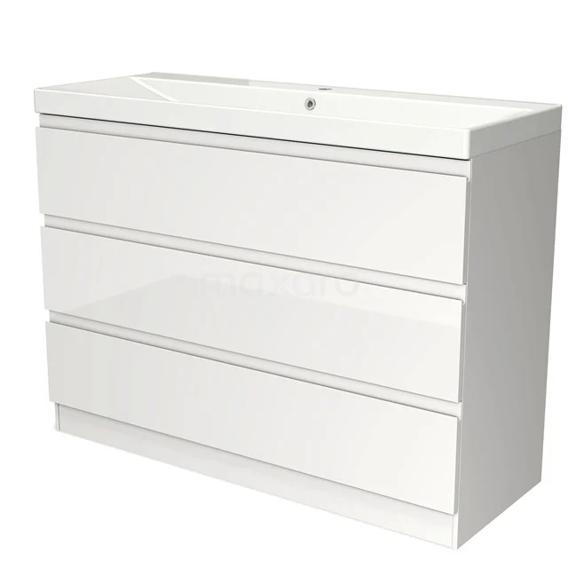 Badmöbel 120cm Modulo Hochglanz Weiß 3 Schubladen Griffloses Waschbecken Keramik BMW19S-00477 Weißes Badezimmermöbel mit stilvollen Schubladen, modernes Design, perfekt für Stauraum im Badezimmer.