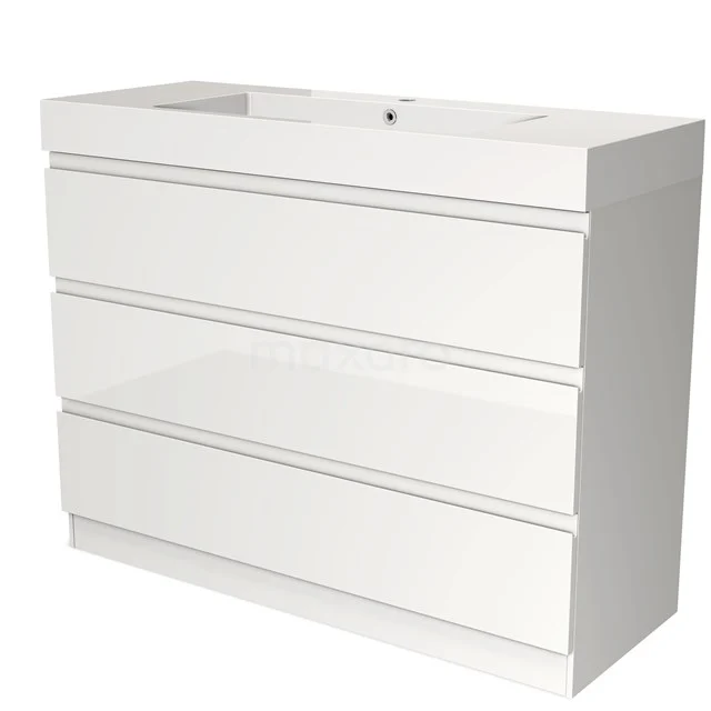 Moderne witte badkamerkast met vier brede lades, hoogglans afwerking en geïntegreerde wastafel.