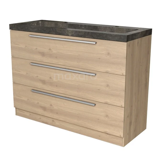 Modulo Waschtische | 120 cm Hellbraune Eiche Flach front Naturstein 3 stehende Schubladen BMW19S-00486 Holz-Badezimmermöbel mit Dunkelgrau Stein Waschtischplatte, drei Schubladen mit Metallgriffen, modernes Design.