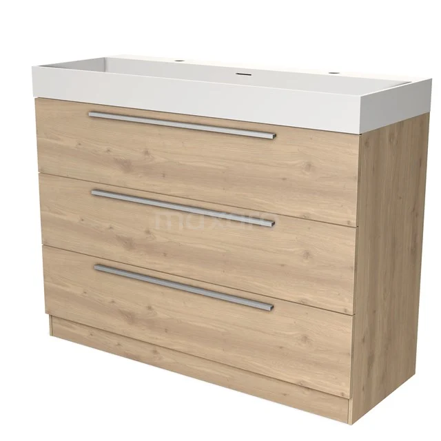 Houten badkamermeubel met drie lades, metalen handgrepen en witte wastafel; modern design voor stijlvolle badkameropslag.