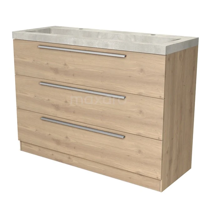 Houten badkamermeubel met 3 lades, lichte eiken afwerking en een marmeren wastafelblad; stijlvol en praktisch voor elke badkamer.