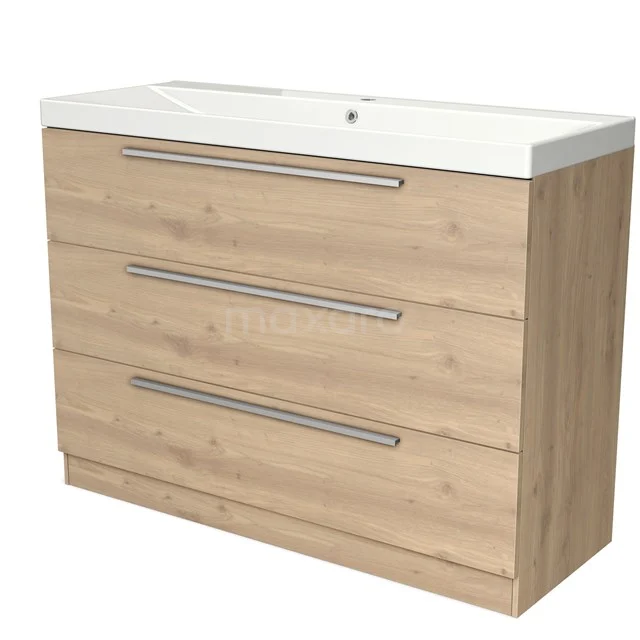 Houten badkamermeubel met 3 lades en witte wastafel, moderne uitstraling, geschikt voor stijlvolle badkameropslag.