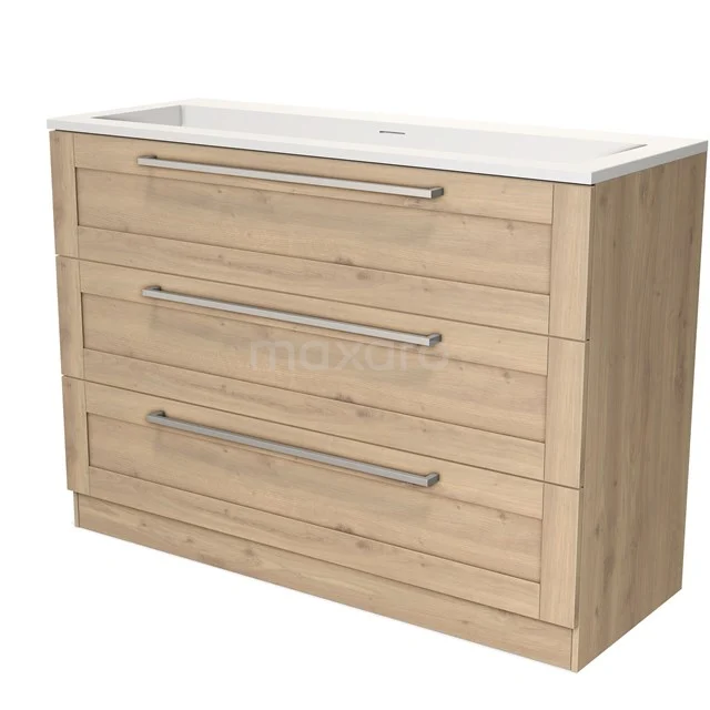 Modulo Vanity units with basin | 120 cm Light brown oak Frame front Solid surface 3 standing drawers BMW19S-00497 Wooden bathroom unit with a light Oak finish, three drawers and a white basin, perfect for a modern bathroom.