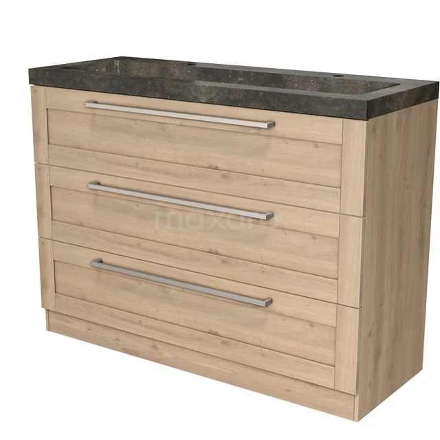 Wooden bathroom unit with three drawers, black natural stone basin worktop, modern handles and a warm oak finish.