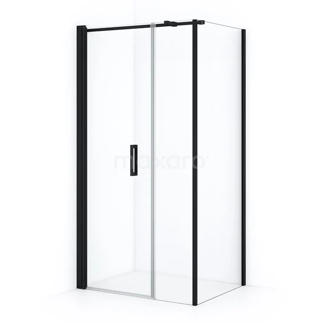 Stylish shower enclosure with sliding door, black frame, clear glass; perfect for a modern bathroom.