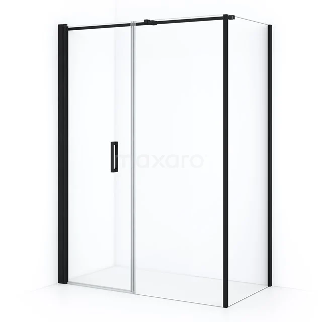 Glass shower enclosure with black frame, sliding door and minimalist design, ideal for a modern bathroom.