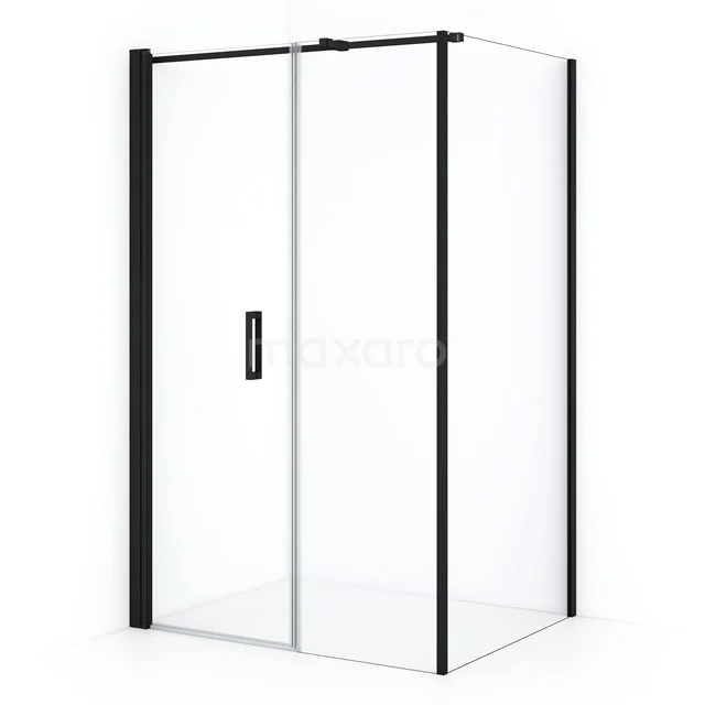 Modern black corner shower with clear glass, sliding door and minimalist design, perfect for a stylish bathroom.
