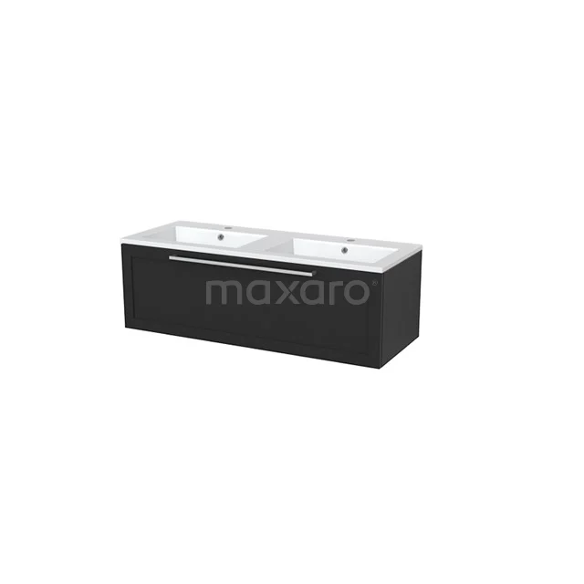 Modulo+ Bathroom furniture with sink | 120 cm Carbon Frame front Mineral marble 1 drawer BMP005436 Black double vanity unit with sleek rectangular shape, white ceramic countertop wash basins and chrome handle, ideal for modern bathrooms.