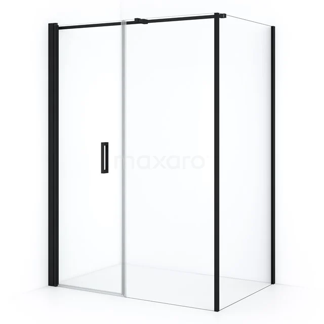 Black walk-in shower with clear glass and aluminium profile, stylish design for modern bathrooms.
