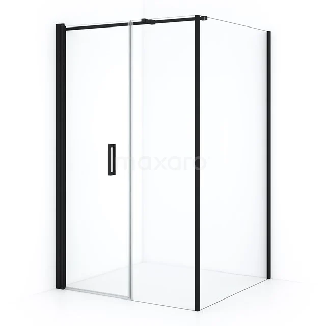 Moderne Glas-Duschkabine mit schwarzen Profilleisten, Schiebetür und schnörkellosem Design für ein stilvolles Badezimmer.