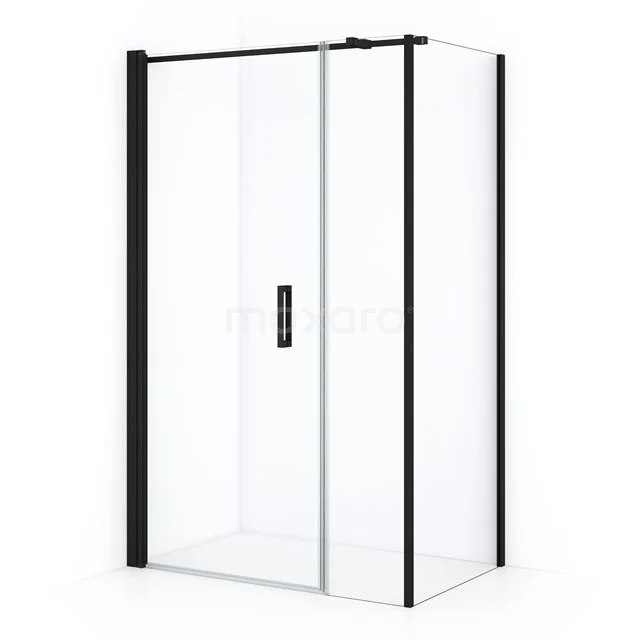 Shower screen with black profiles, clear glass and sliding door, perfect for a modern bathroom style.
