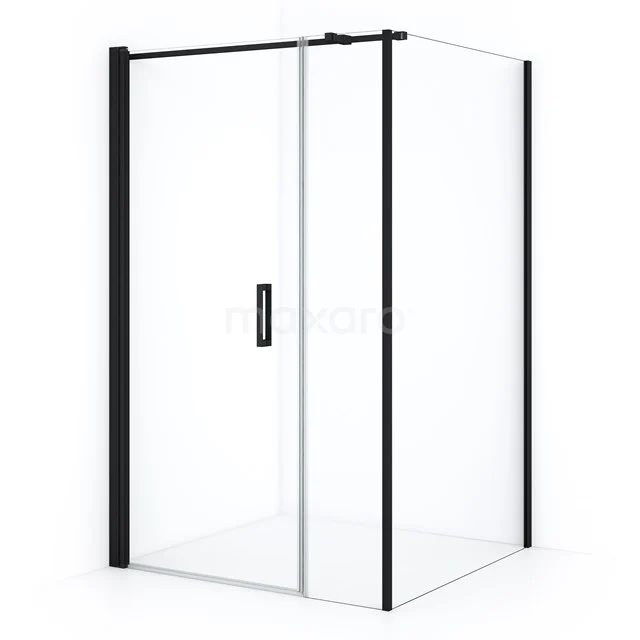 Shower screen with black frame, clear glass and sliding door, ideal for modern bathroom design.