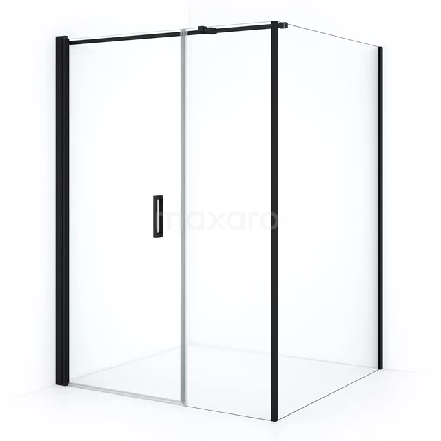 Shower enclosure square with black frame and sliding door, clear glass, ideal for a modern bathroom style.