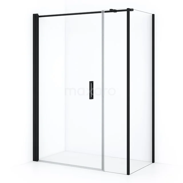 Modern shower enclosure with black frame, clear glass and sliding door, ideal for stylish bathroom design.