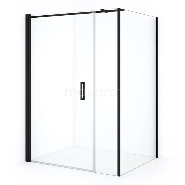 Shower enclosure with black profiles, clear glass and sliding door, perfect for a modern bathroom.