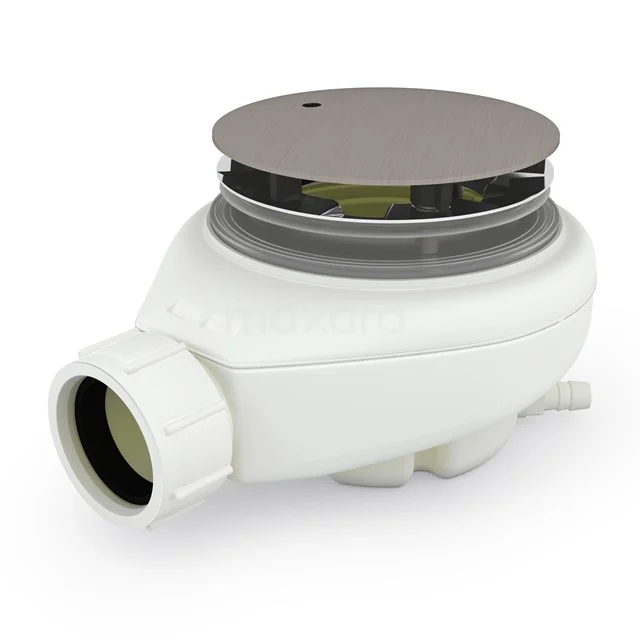 Siphon Low Duschwanne / Duschtasse aus Edelstahl 010606014-1BR Bodenablaufsiphon, weißes Kunststoff, rund mit Edelstahldeckel, ideal für moderne Badezimmergestaltung.