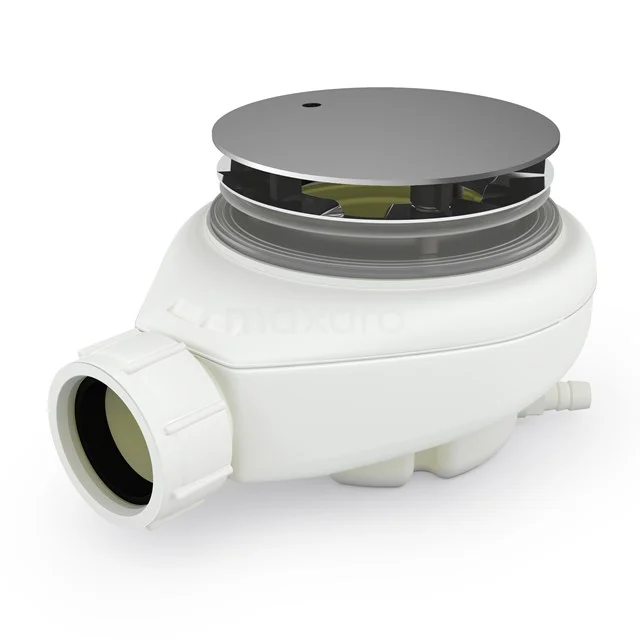 Weiße Duschablauf mit runder Chromabdeckung, kompaktes Design, ideal für moderne Bäder, integriertes Anti-Leck-System.