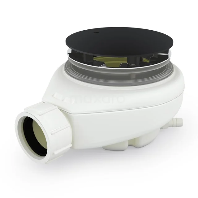 Weiße Duscheablauf mit schwarzem Deckel, niedrigem Profil, modernem Design, ideal für schlichte Bäder.