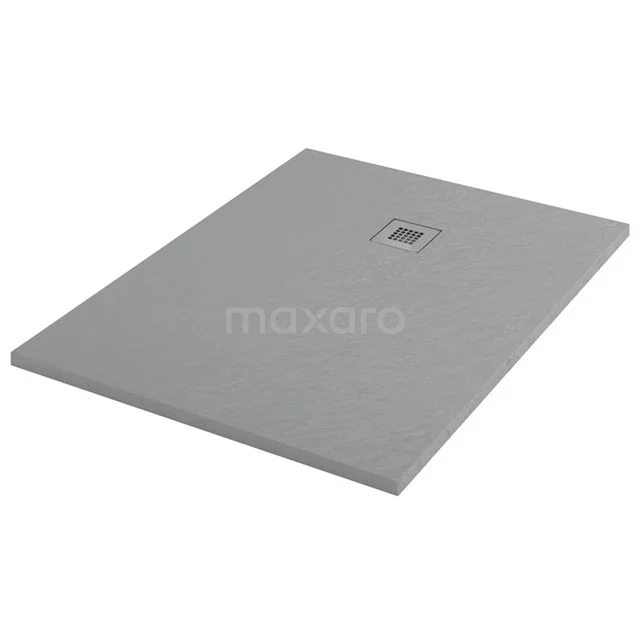 Graue rechteckige Duschwanne aus hochwertigem Steinverbundmaterial, mit zentralem Abflussrost. Perfekt für moderne Bäder.