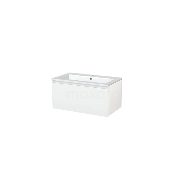 Modulo+ Bathroom furniture with sink | 80 cm High-gloss white Handle-less front Mineral marble 1 drawer BMP005464 Free-standing white plastic bathtub with sleek rectangular design, ideal for a modern bathroom.
