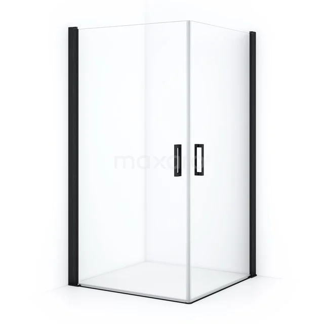 Viereckige Glaskabine mit mattschwarzen Profilen und Doppeltür, ideal für ein modernes Badezimmer.