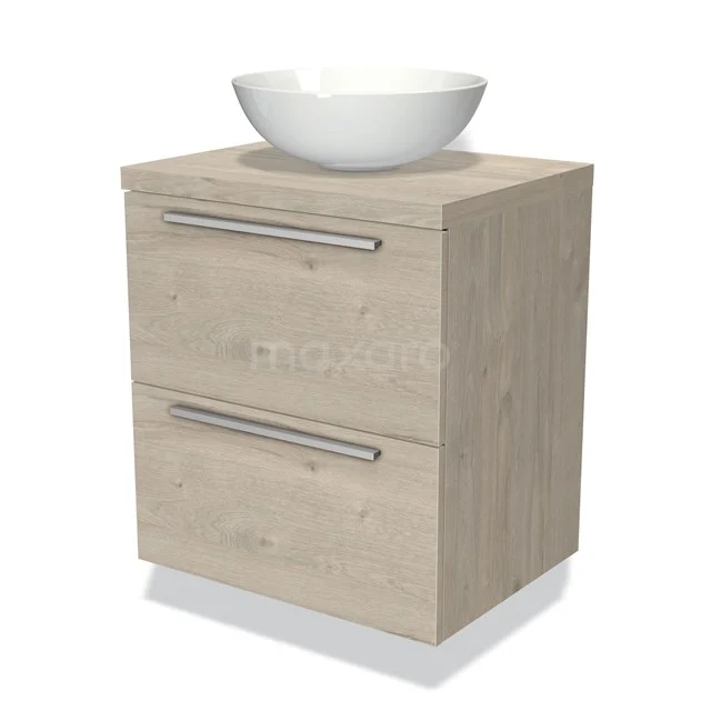 Houten badkamermeubel met wastafel, licht eiken, modern design, twee lades met metalen grepen.