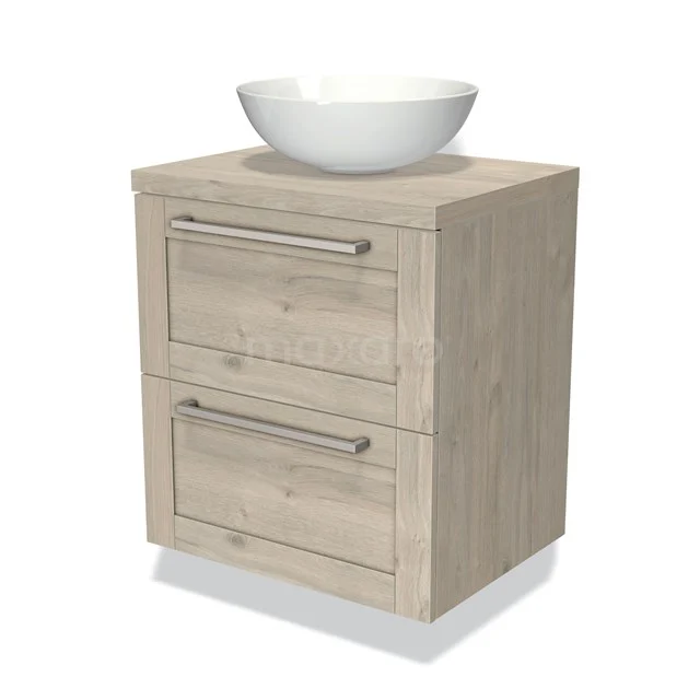 Bathroom unit oak with white stone vanity unit with basin, two drawers with metal handles, compact design.