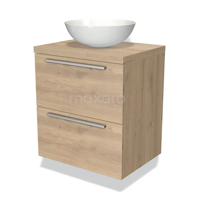 Holz-Badmöbel mit Fronten in Eichenoptik und integriertem weißen Aufsatzwaschbecken, ideal für einen modernen Badezimmerstil.