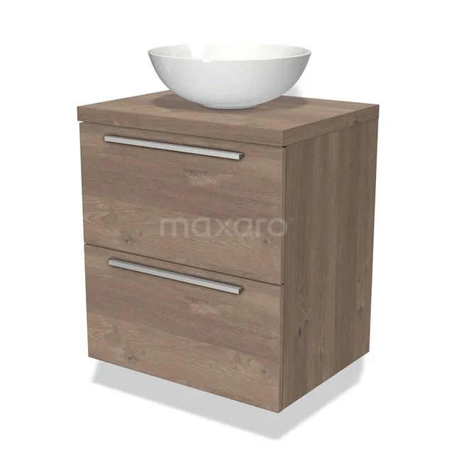 Houten badkamermeubel met waskom, kastje van naturel houtlook met twee lades en RVS handgrepen.