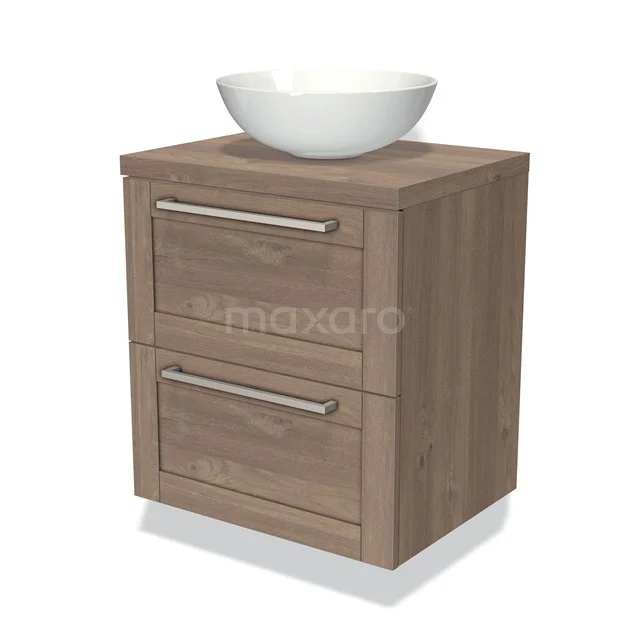 Wooden bathroom unit with countertop wash basin, compact design in natural wood colour, fitted with two drawers with metal handles.