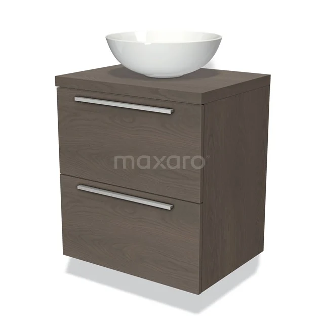 Badmöbel für Aufsatzwaschbecken 60cm Modulo Plato dunkelbraune Eiche 2 Schubladen flach BMK17-00016 Holz Badezimmermöbel mit weißem, rundem Waschbecken, zwei Schubladen mit silbernen Haltegriffen und moderner, schicker Verarbeitung.