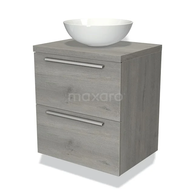 Houten badkamermeubel in grijze eikenlook met twee lades en ronde witte waskom, ideaal voor een moderne badkamer.