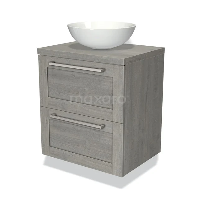 Grijze houten badkamermeubel met twee lades en een witte ronde waskom, ideaal voor moderne badkamerinrichting.