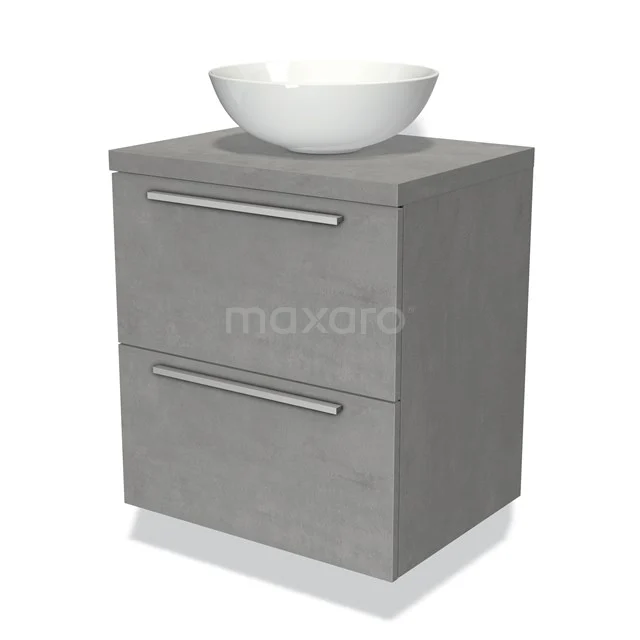 Grijze badkamermeubelset met wastafel, betonlook afwerking, moderne ladekast met strakke metalen grepen.