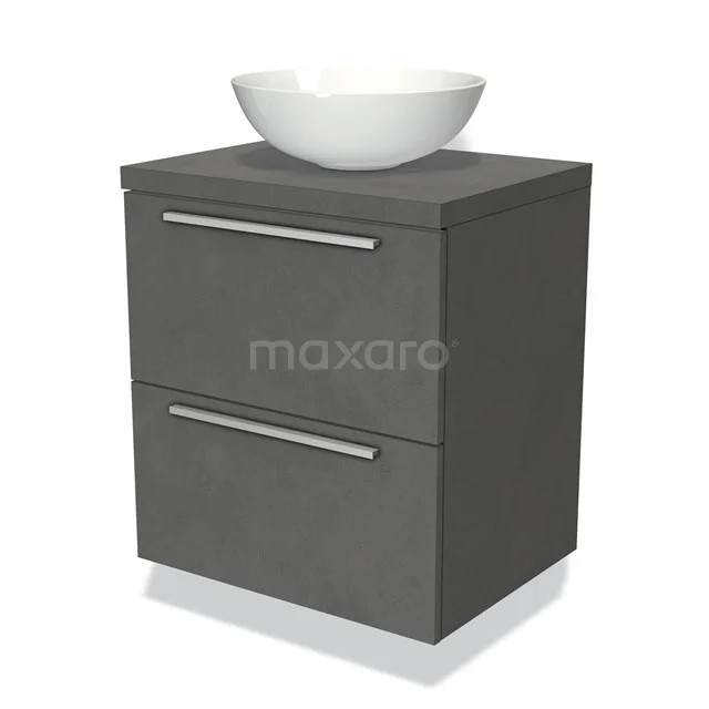 Badmöbel für Aufsatzwaschbecken 60cm Modulo Plato Dunkelgrau Beton 2 Schubladen Flach BMK17-00021 Graue Badezimmermöbelset mit zwei Schubladen und einem weißen keramischen Aufsatzwaschbecken, elegantes Design aus anthrazitfarbenem Holz.