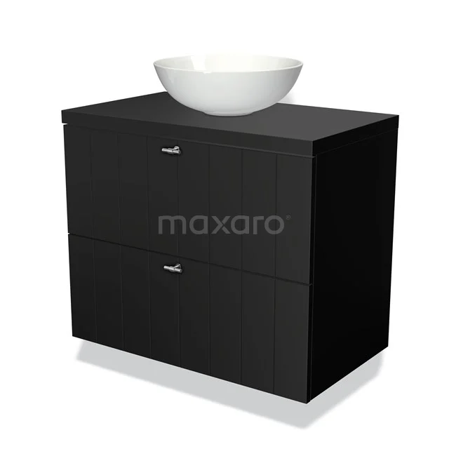 Zwart badkamermeubel met matte afwerking, twee lades en ronde witte wastafel, modern design voor elegante badkamers.