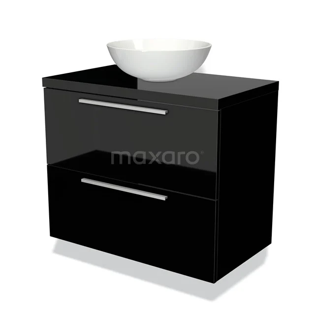 Zwarte glanzende badkamermeubelset met ronde wastafel van keramiek en twee ruime lades, modern design.
