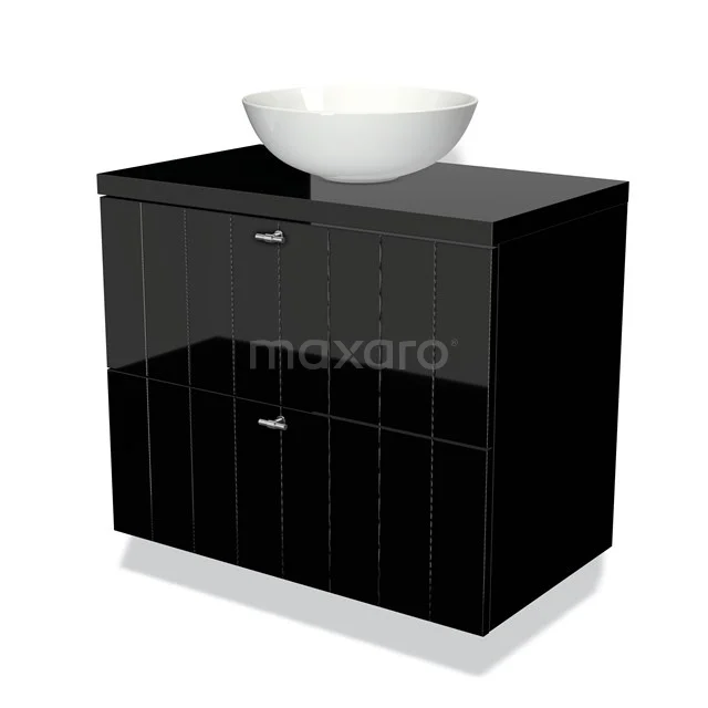 Modulo Plato Vanity units for countertop basin | 80 cm High-gloss black Slat front High-gloss black worktop 2 Stacked drawers BMK17-00029 Black glossy bathroom unit with white countertop wash basin, modern design, ideal for a stylish and organised bathroom.